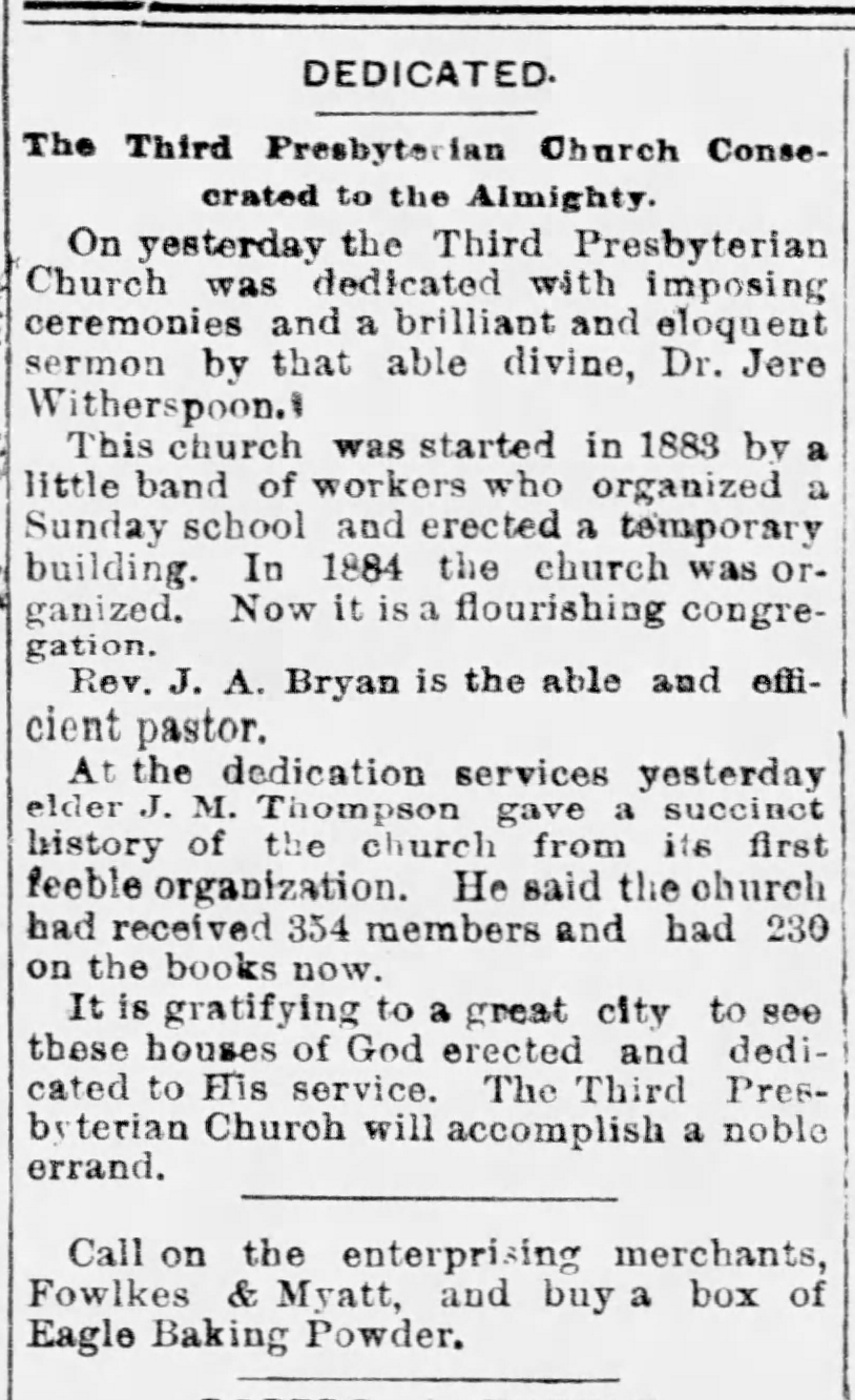 Dedicated: The Third Presbyterian Church Consecrated to the Almighty